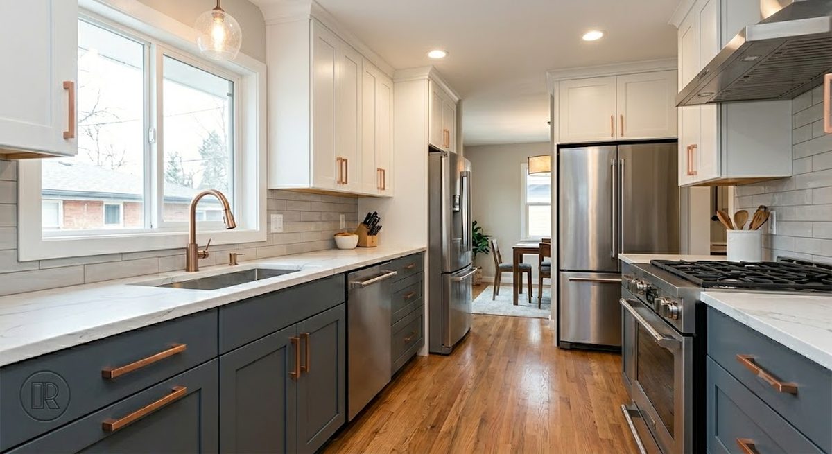 Denver kitchen after cabinet refacing — white Shaker doors with brass hardware on the original cabinet boxes.